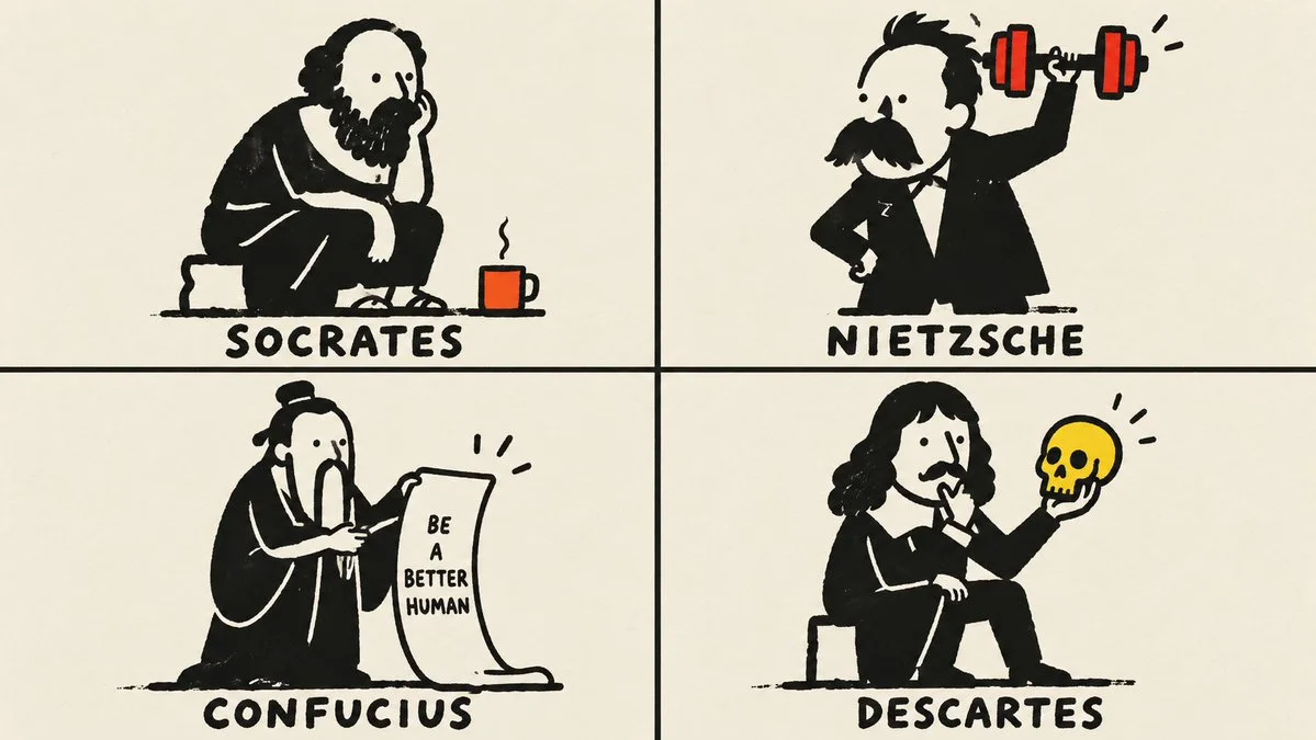 Four Philosophers Drawn as Blobby Icons in a 2x2 Grid