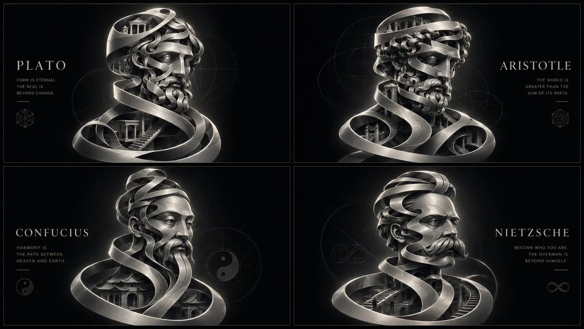 Four philosophers sit in a 2x2 grid on a twisting ribbon