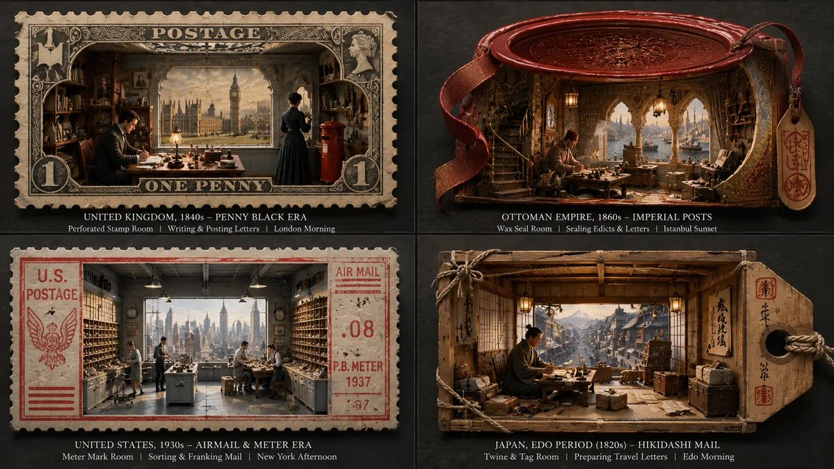 Four postal stamps transform into surreal rooms across eras