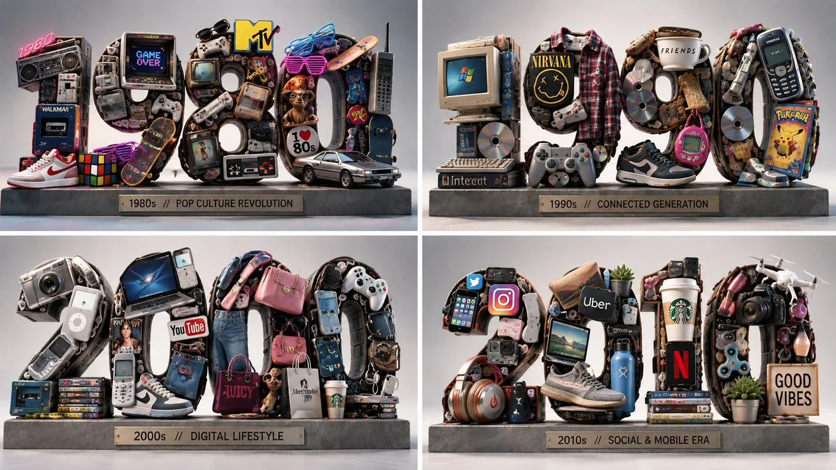 Four Retro Years Sculpted from Iconic Shopping Products