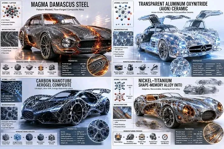 Four sci-fi material sports cars glow on holographic blueprint display.