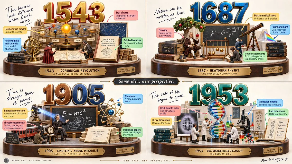 Four Science Eras Shine in Glossy Toy Diorama Grid