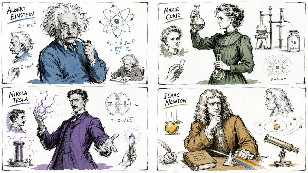 Four scientist silhouettes rendered as ink sketches with noisy contours