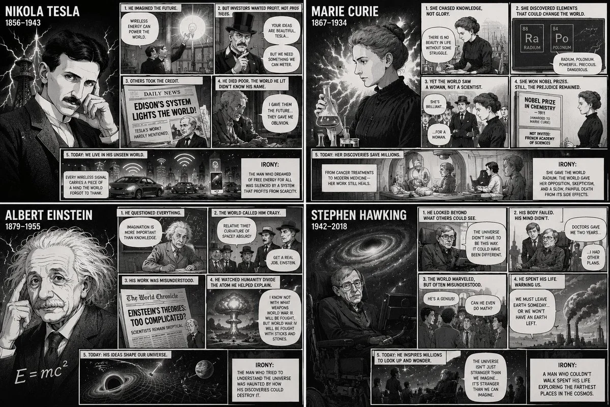 Four scientists confront their legacies in a brutal manga critique
