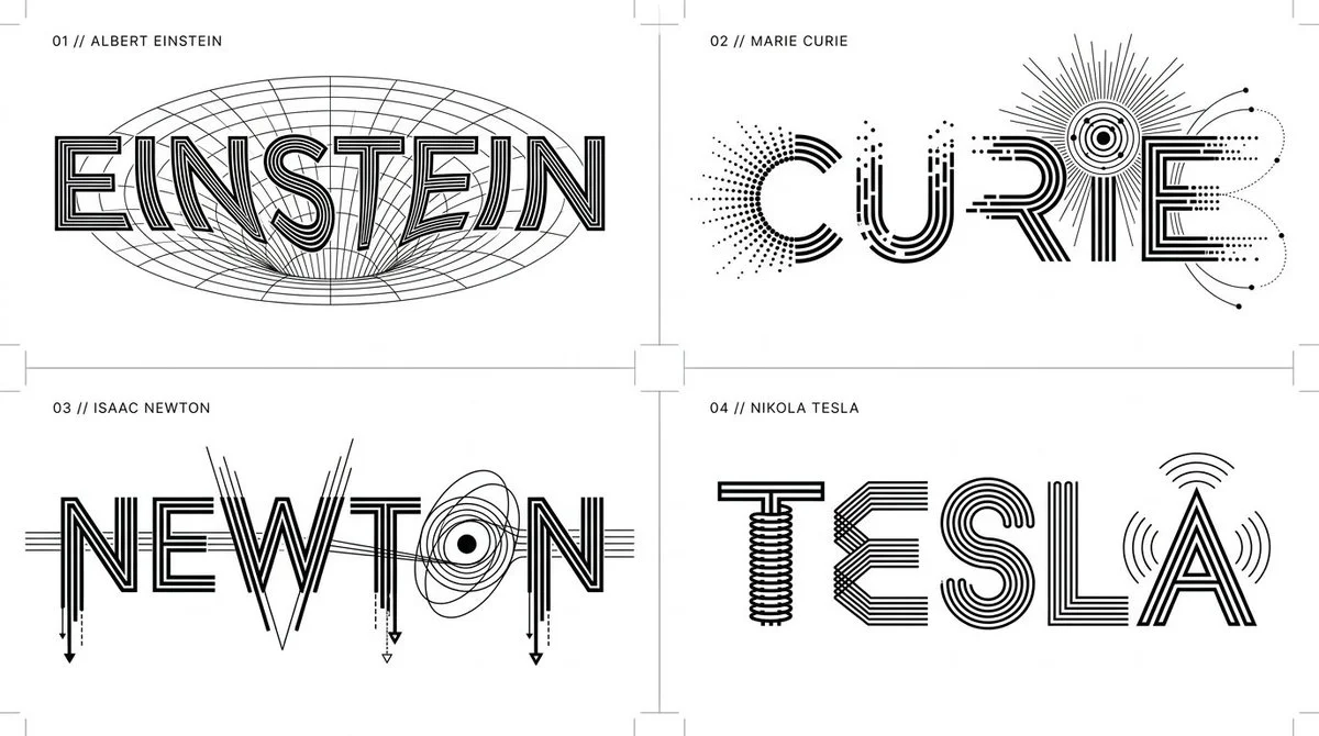 Four scientists' names transformed into geometric wordmarks on a 2x2 grid