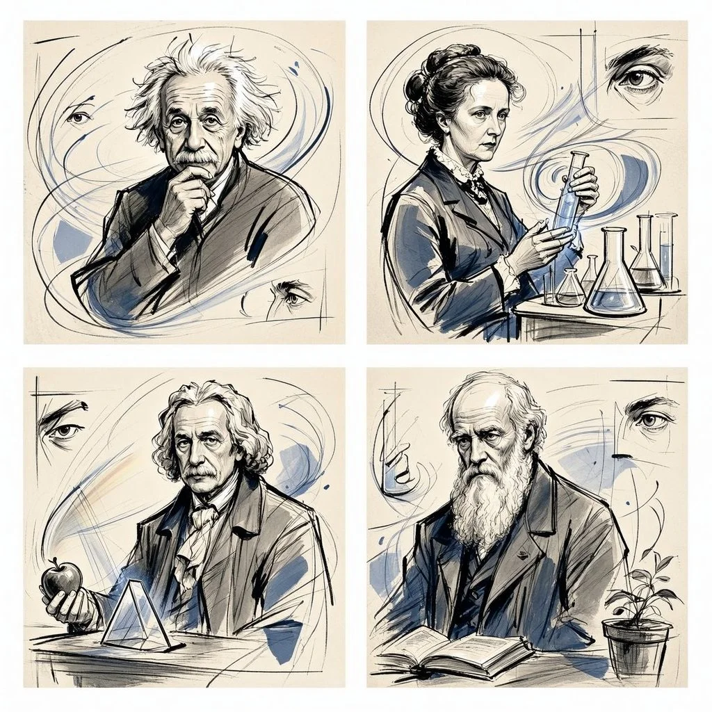 Four scientists sketched in a grid with gesture lines