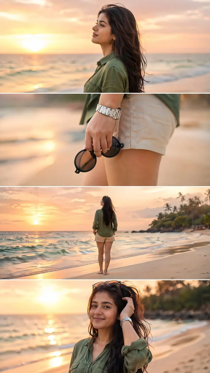 Four sunset beach portraits show same woman in linen