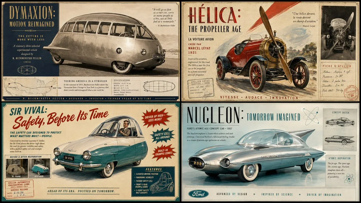 Four vintage car advertisements arranged in a heritage grid