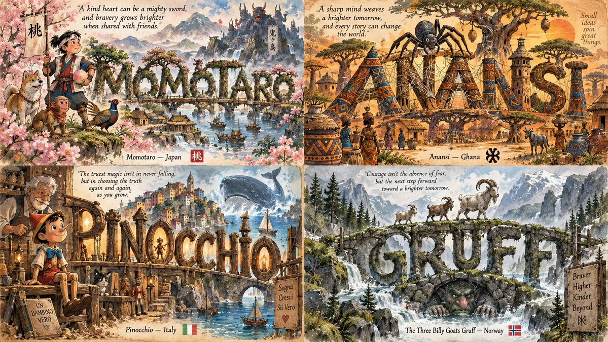 Four Watercolor Folktales Unfold Across a Handmade Story Grid