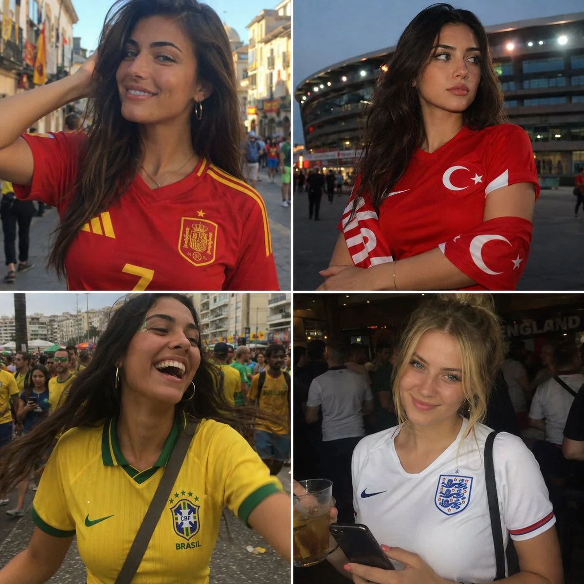 Four women in national football jerseys celebrate World Cup spirit candidly