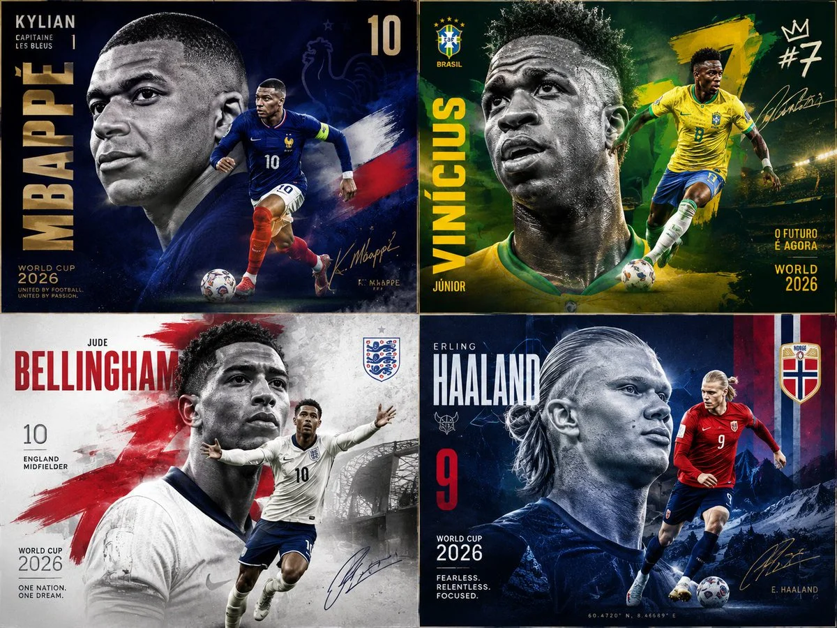 Four World Cup stars form a dynamic 2x2 grid poster