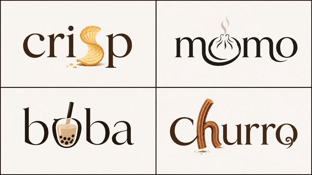 Four world snacks become typographic art in a grid