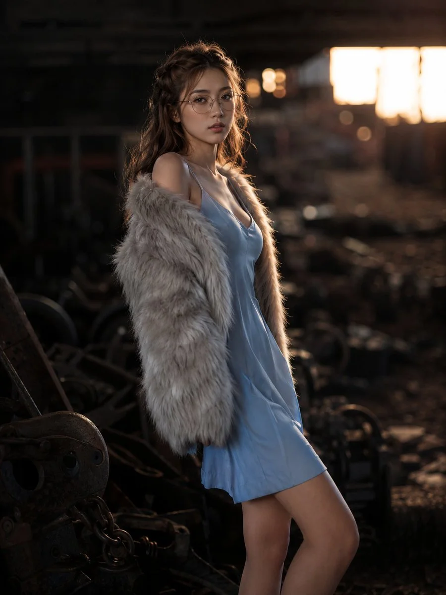 Fox-eyed woman with honey hair stands calm in dim industrial dusk.