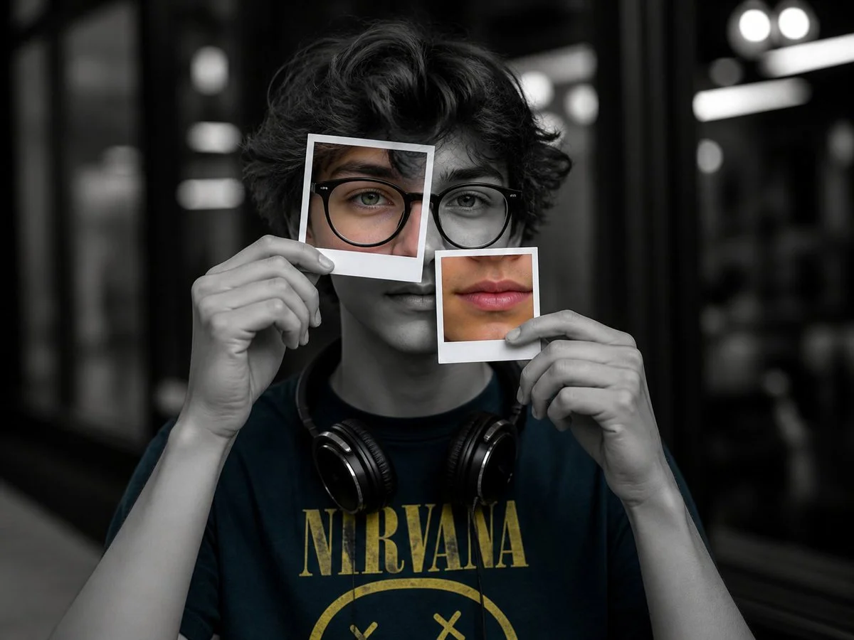 Fragmented Focus: Teen in Color Amid Monochrome
