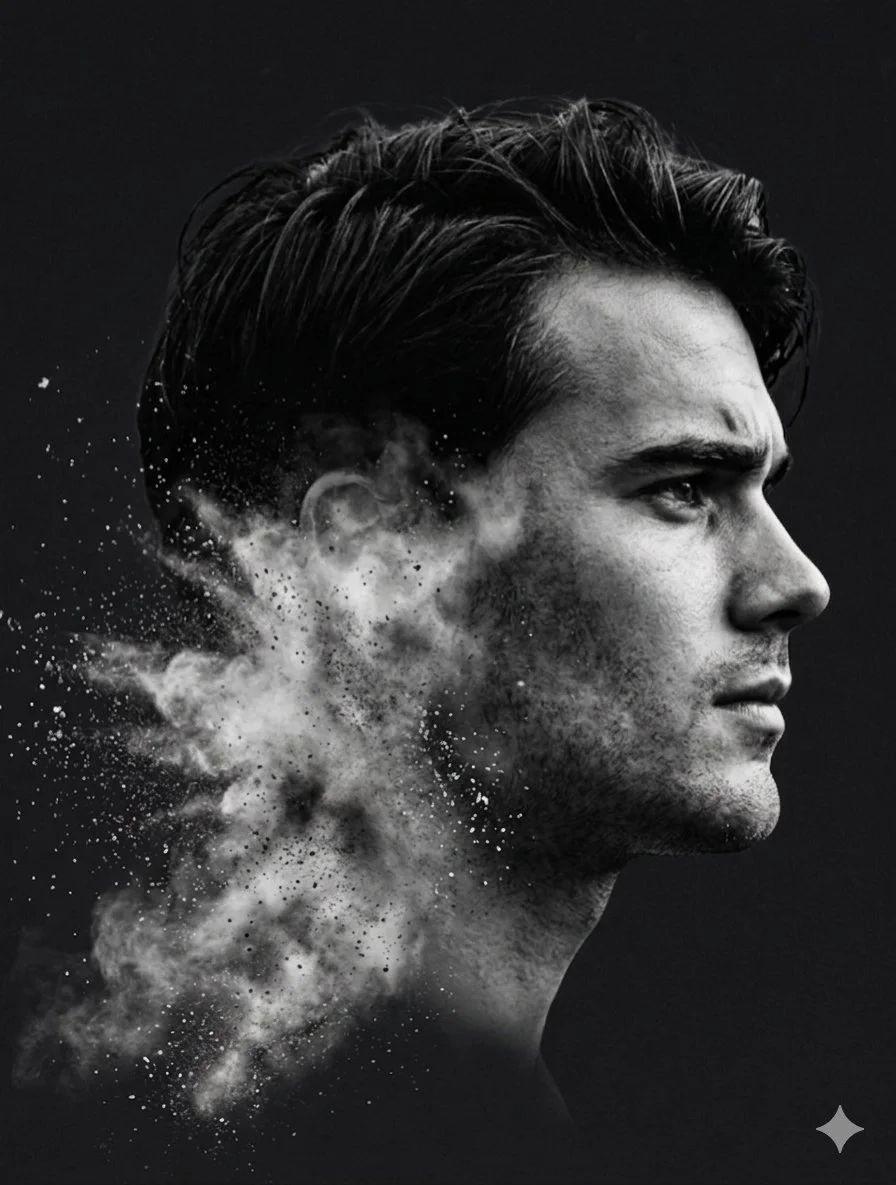 Fragmented Identity: Double Exposure Portrait in Black and White