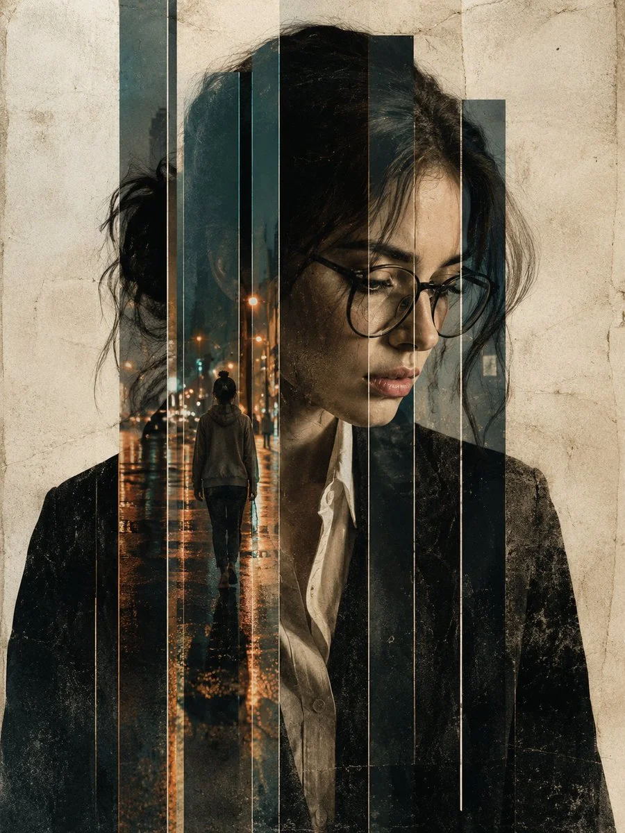 Fragmented Reflections: Portrait in Rainy Citylight