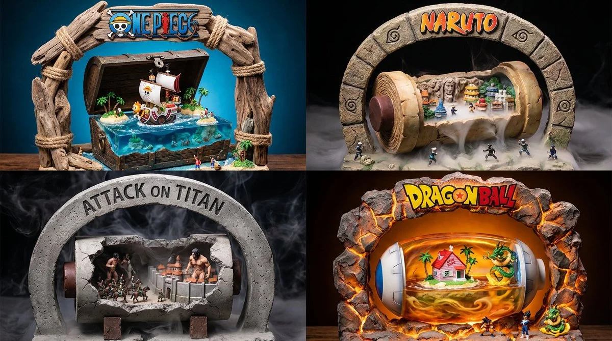 Franchise letters arch over a resin diorama with miniature worlds