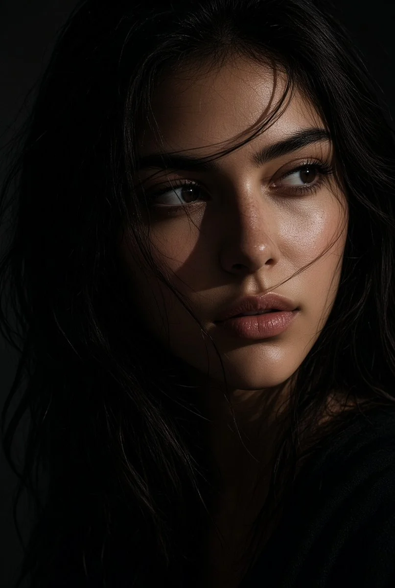 Freckled face emerges from shadow with fierce determination