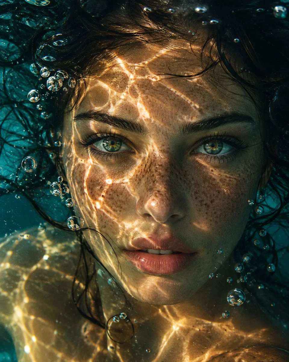 Freckled face submerged in teal water with golden caustic light patterns