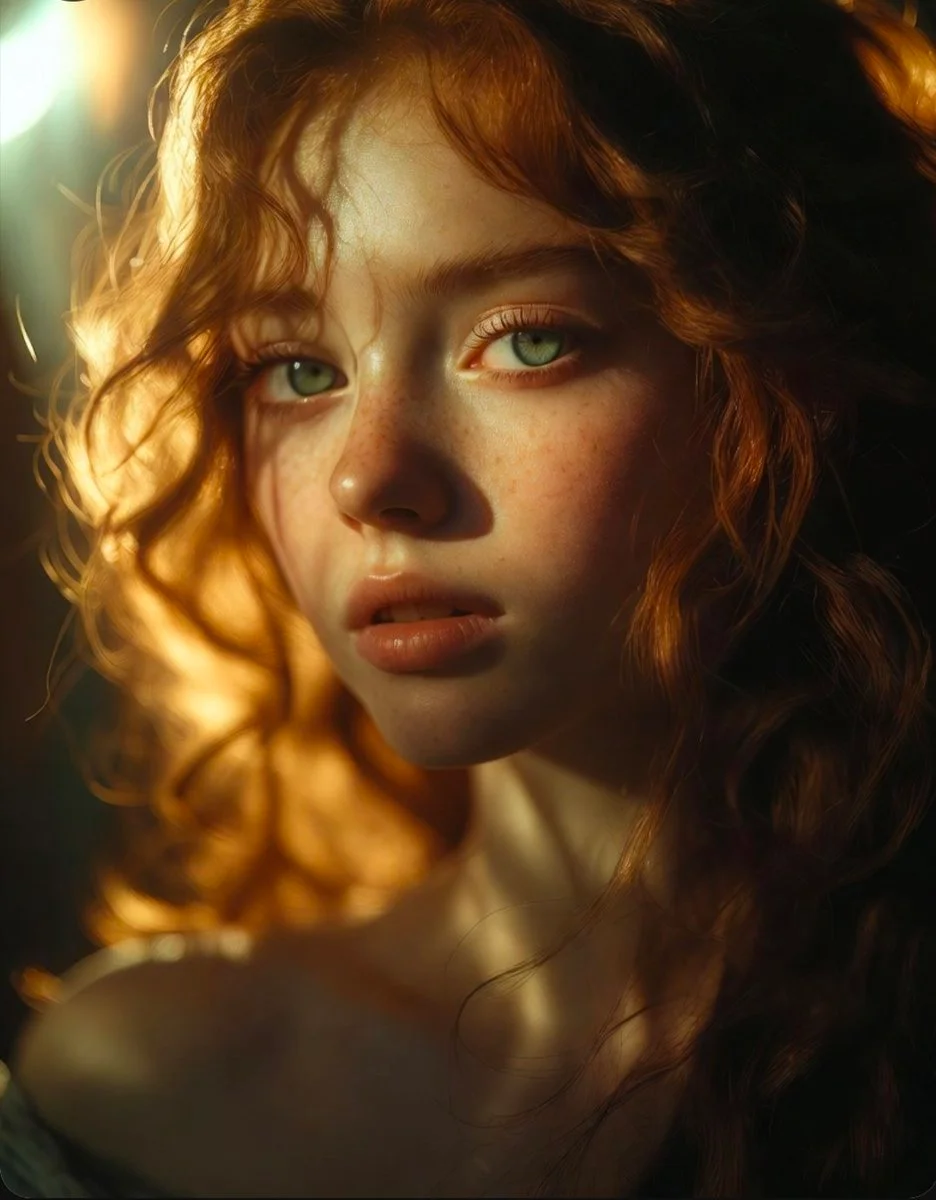 Freckled face with vivid green eyes catches cinematic light
