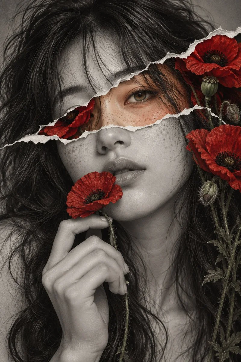 Freckled girl tears open grayscale portrait revealing red poppies inside