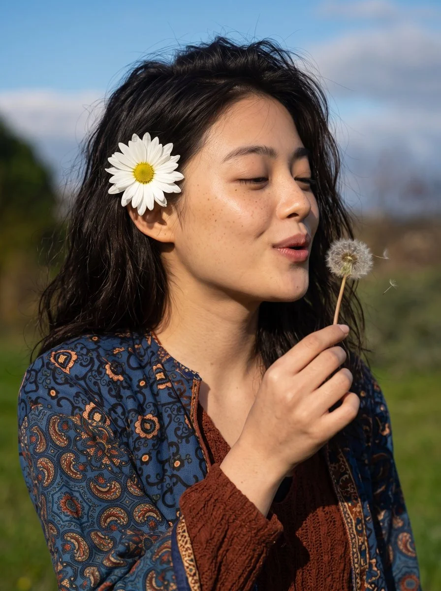 Freckled woman in bohemian jacket blows dandelion wish at golden hour