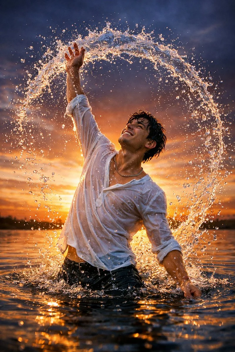 Freedom Embodied: Poised in Water Beneath a Fiery Sky