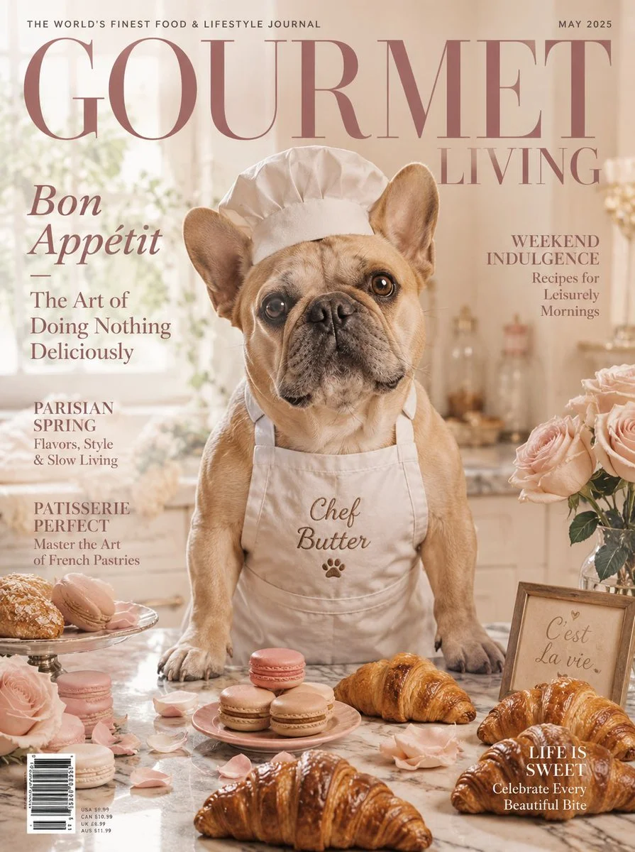 French Bulldog Chef Bakes Happiness in a Pastel Kitchen
