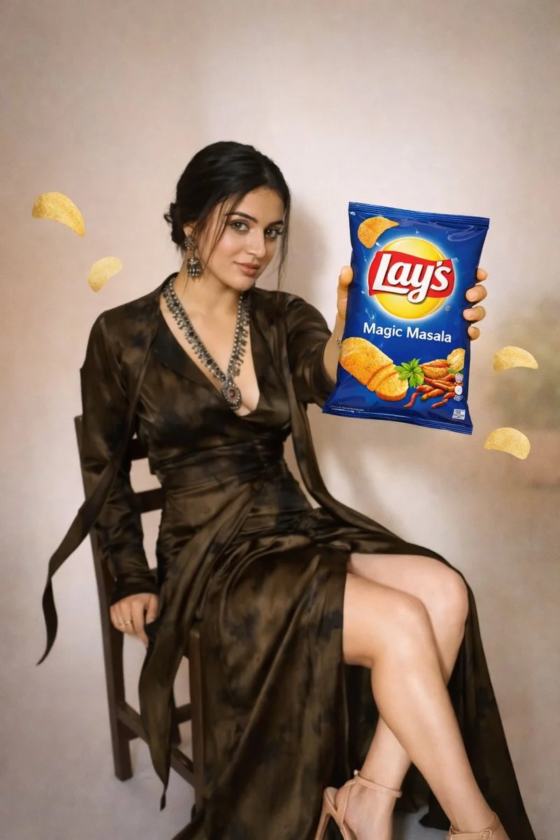Fresh Elegance Meets Snack Culture: Cream & Onion Lay's Full-Body Portrait