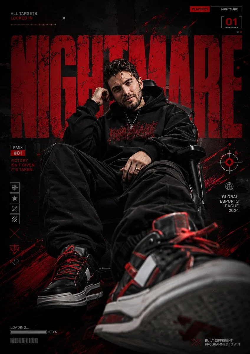From a low angle, a gamer in white streetwear dominates the poster