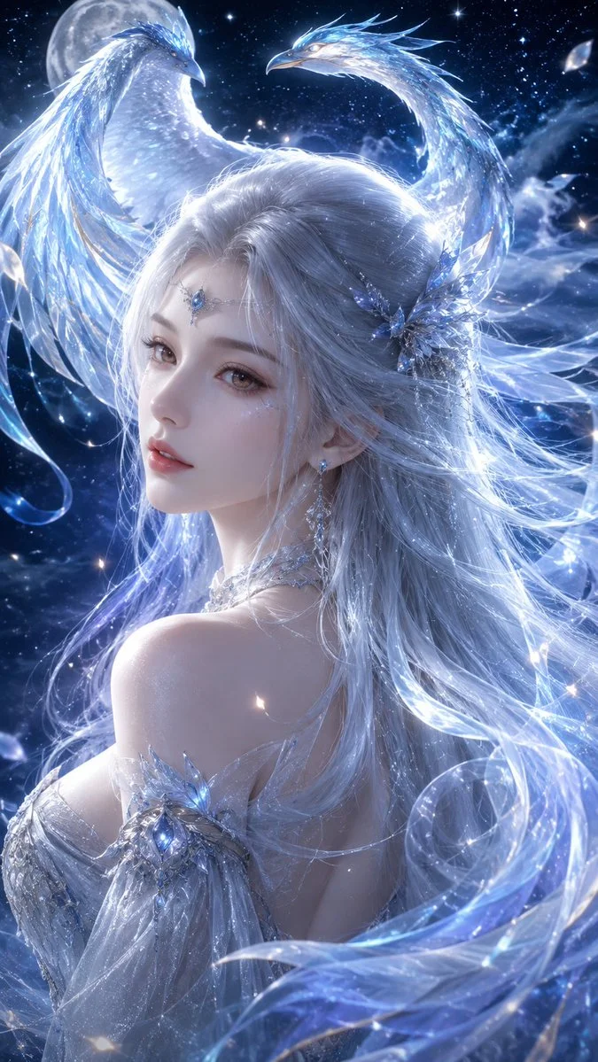 Frost Phoenix awakens silver-haired elf in starlit cosmic night sky