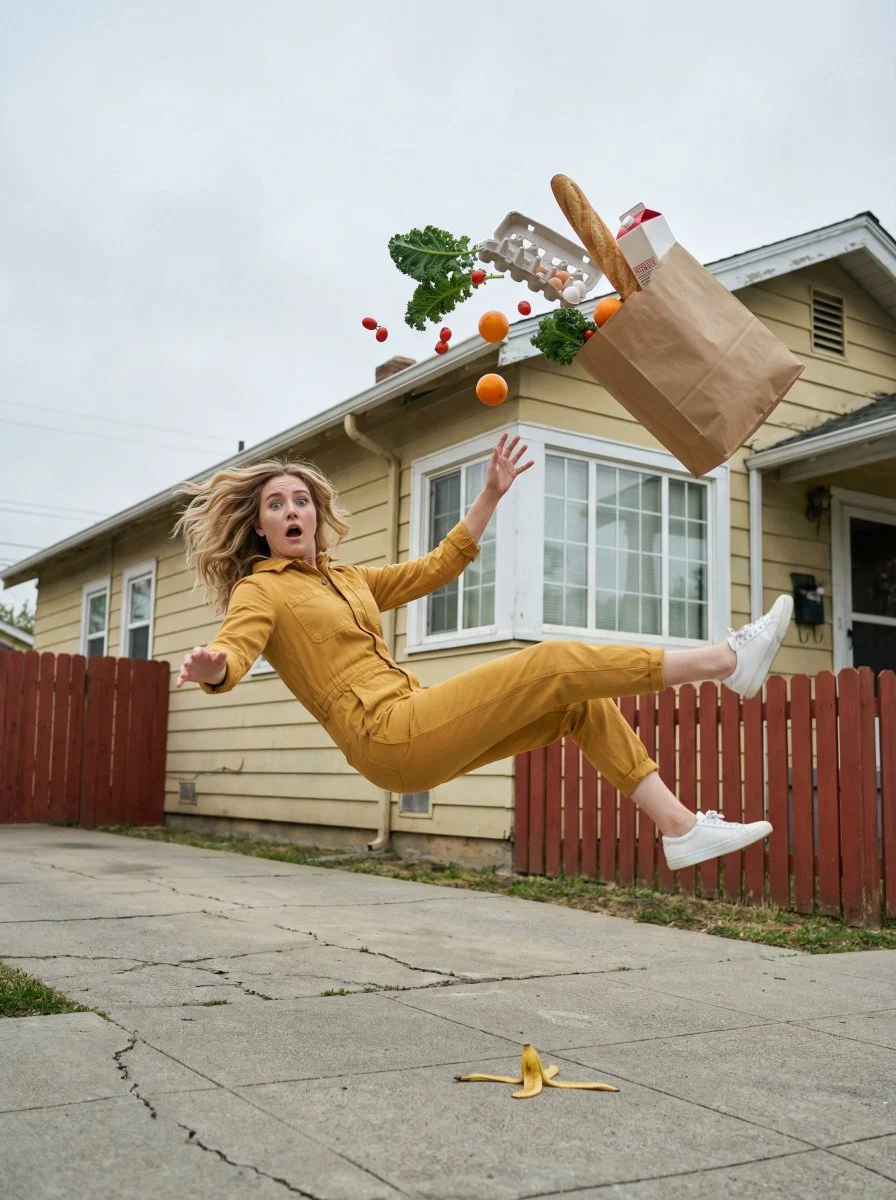 Frozen Chaos: Falling Woman Amidst Floating Groceries
