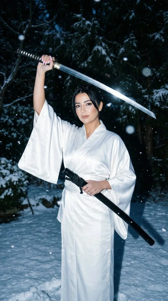 Frozen Elegance: A Samurai's Moonlit Ritual