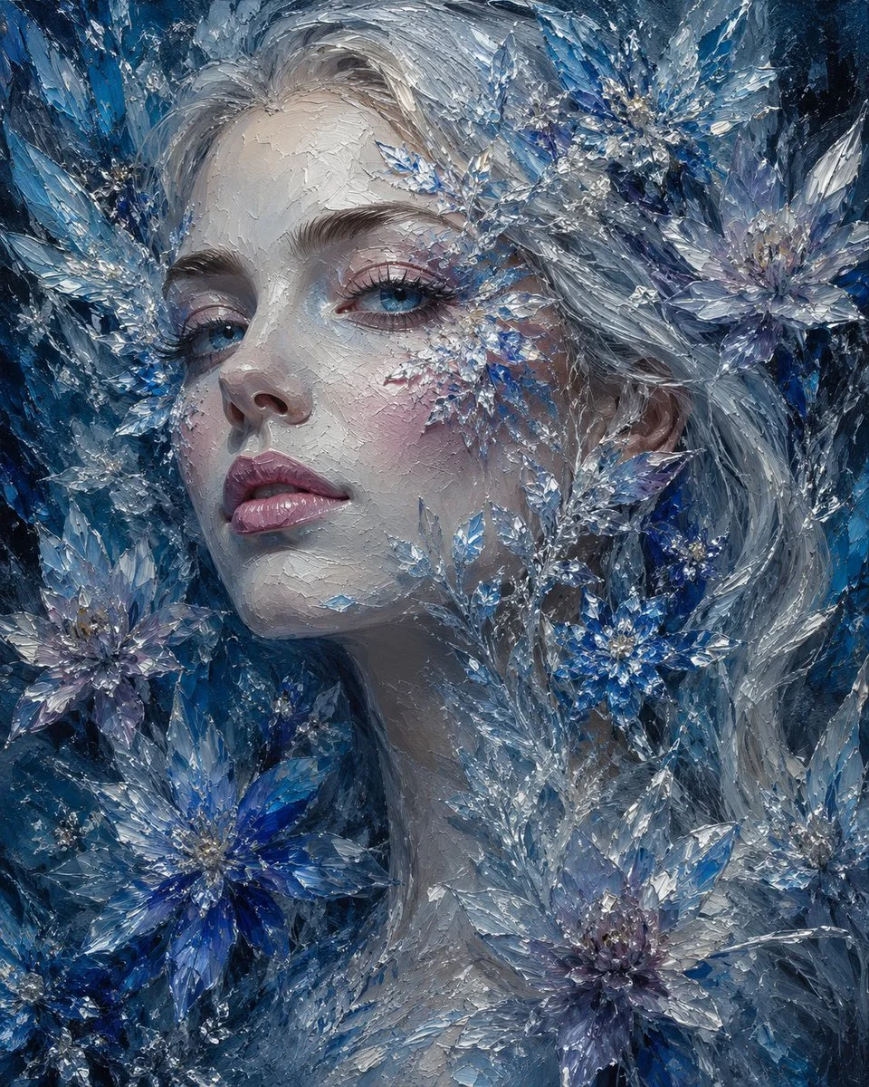 Frozen Elegance: Woman's Face Blooming from Icy Crystalline Garden