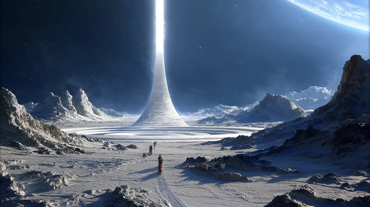 Frozen Majesty: Floating Staircase and Aurora Over Crystal Cliffs