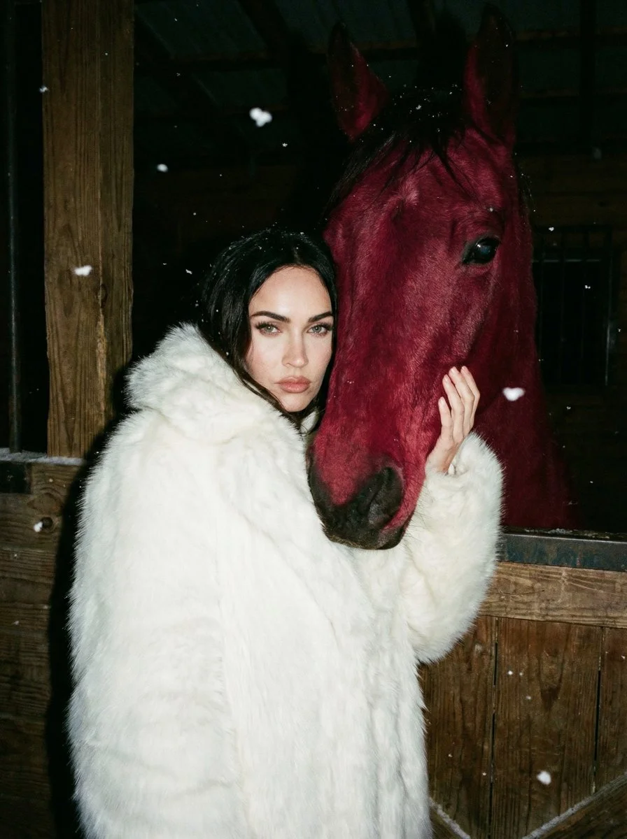 Frozen Night Contrast: Woman and Crimson Horse in Harsh Flash