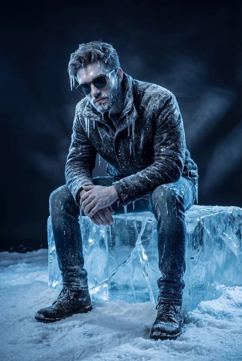 Frozen Solitude: Man Encased in Crystal Ice