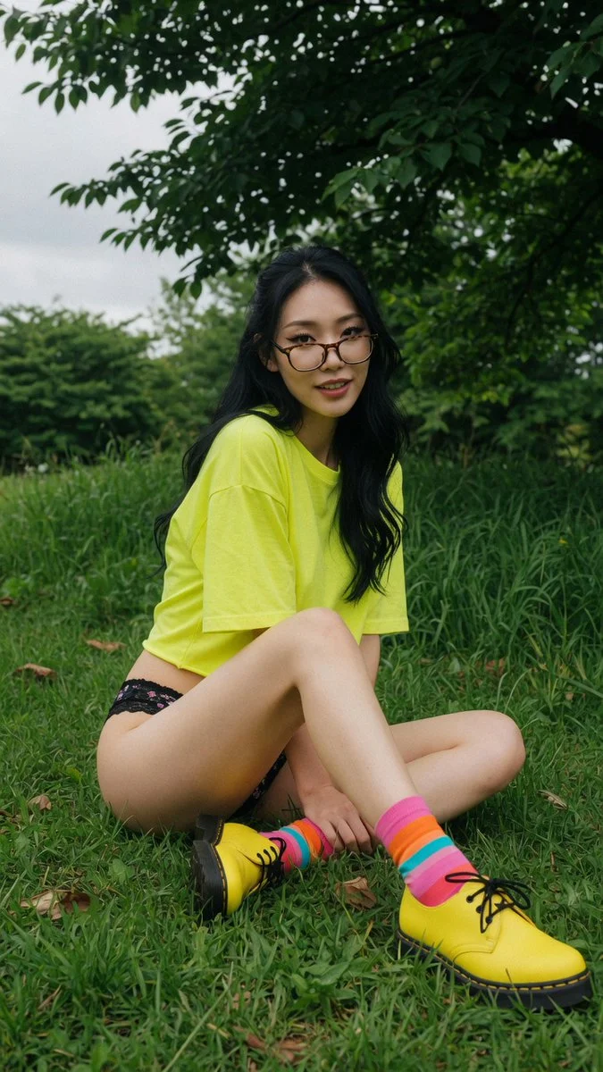 Full body shot of a stunning woman in lingerie and bright boots