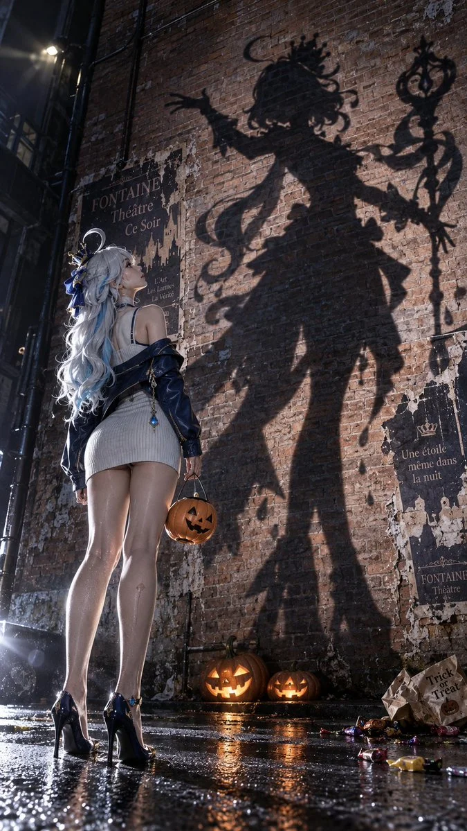 Furina's shadow looms as a giant silhouette on a brick wall at night