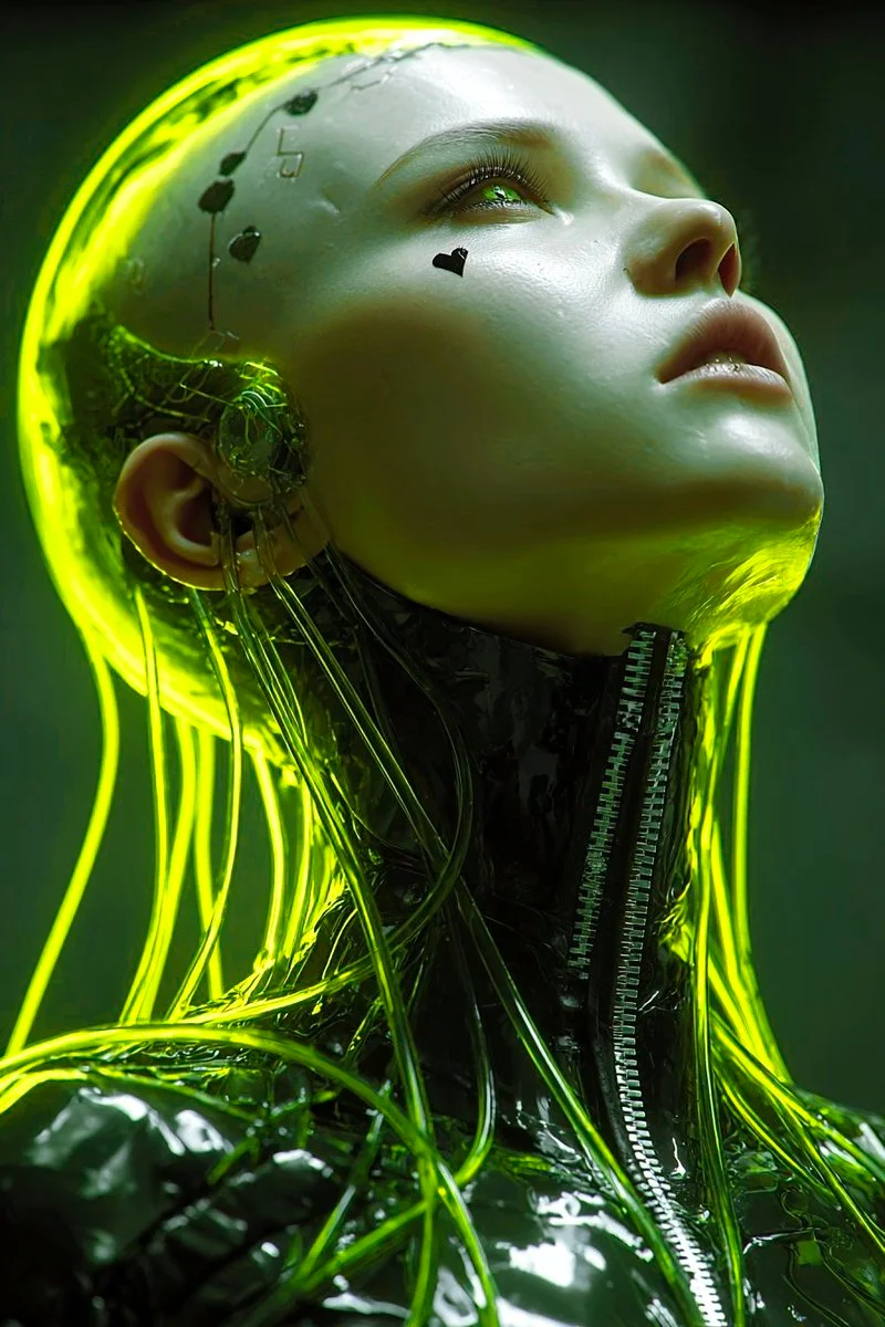 Futuristic Android in Bioluminescent Green Glow