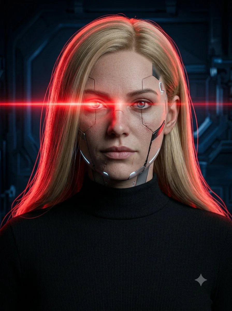 Futuristic android woman stares through red laser beam