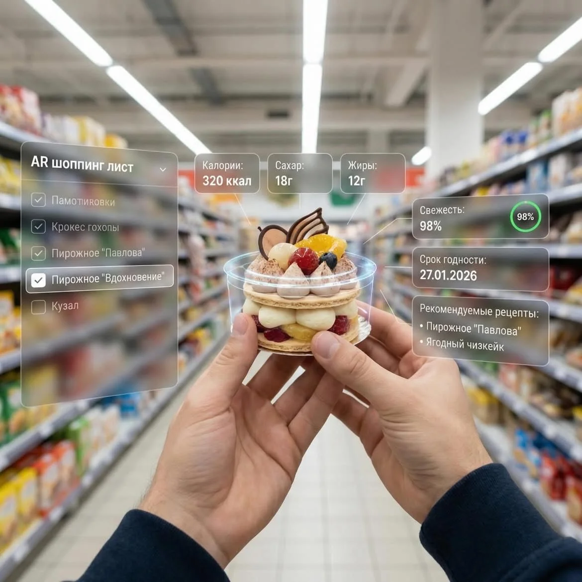 Futuristic AR Interface Reveals Dessert Nutrition and Freshness Details
