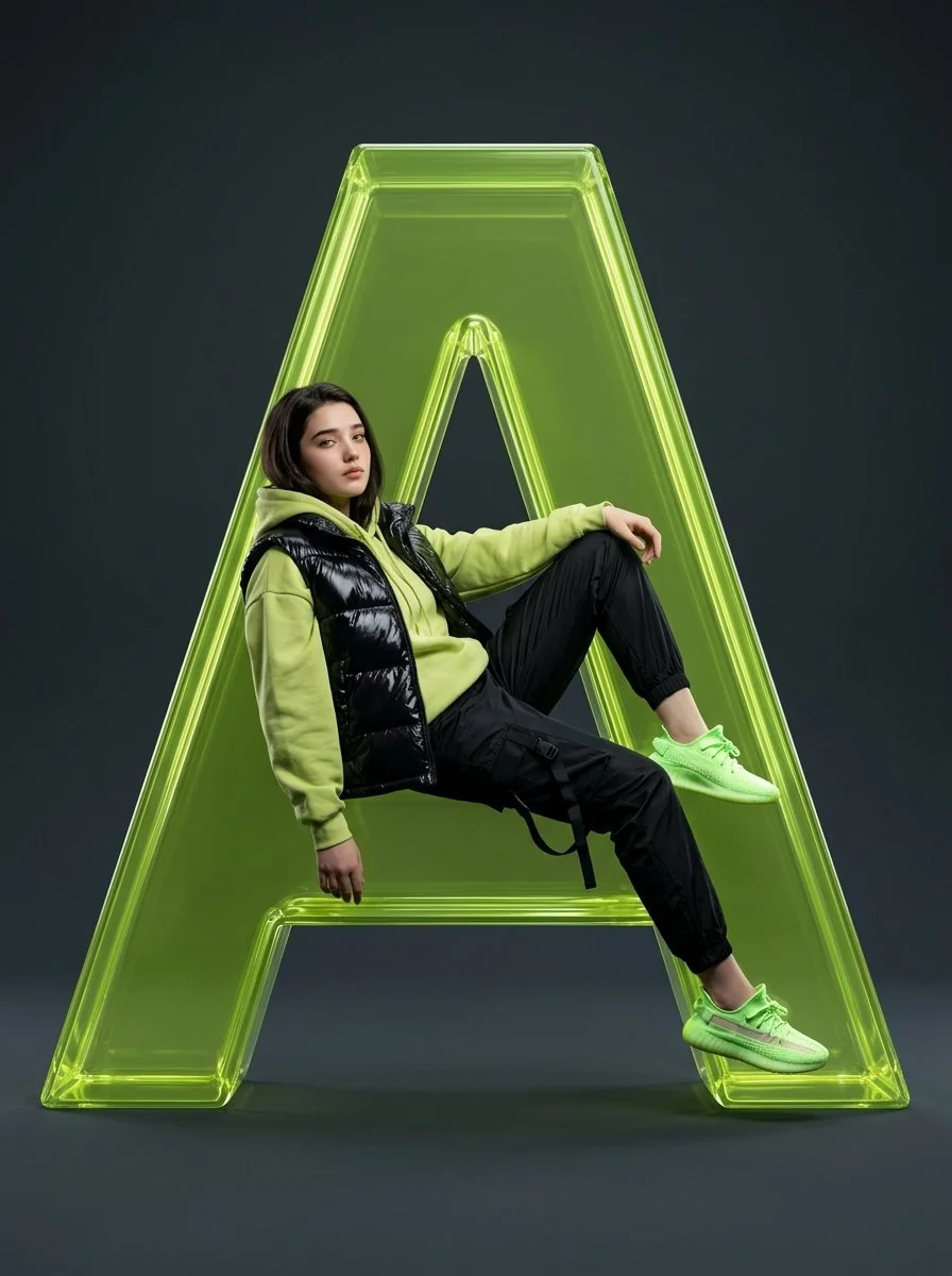Futuristic Fashion: Woman in Neon Techwear Inside Glass Letter A