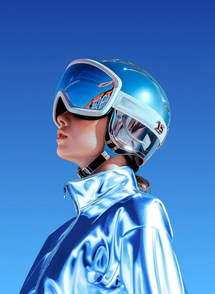 Futuristic Portrait of a Woman in Reflective Chrome and Sci-Fi Helmet