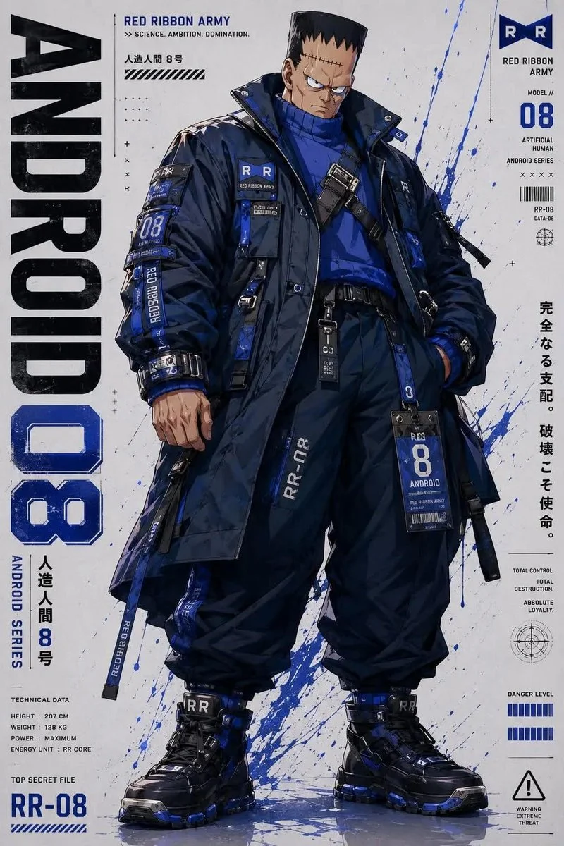 Futuristic Red Ribbon androids pose in tactical techwear on white poster