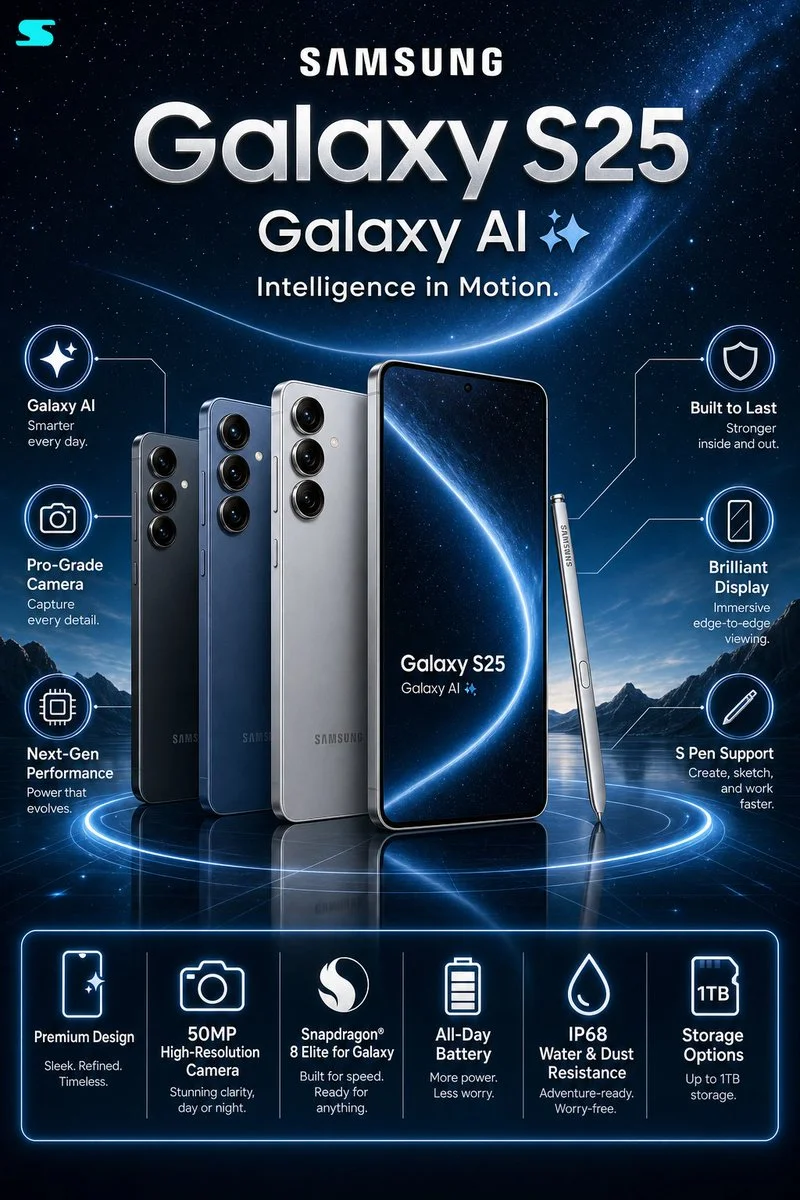 Futuristic Samsung Galaxy S25 Infographic Poster
