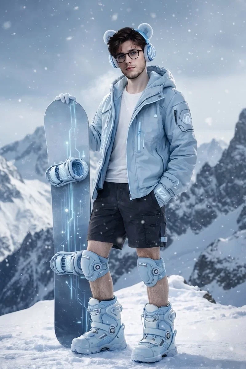 Futuristic snowboarder in pastel blue puffer jacket poses on peak