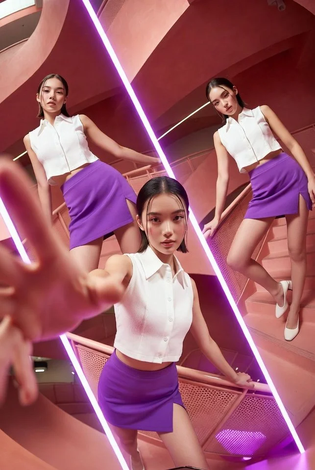 Futuristic Spiral Staircase Fashion Shoot with Neon Accents