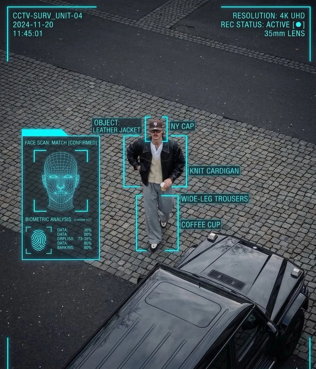 Futuristic Surveillance Scene with Technical HUD Overlay