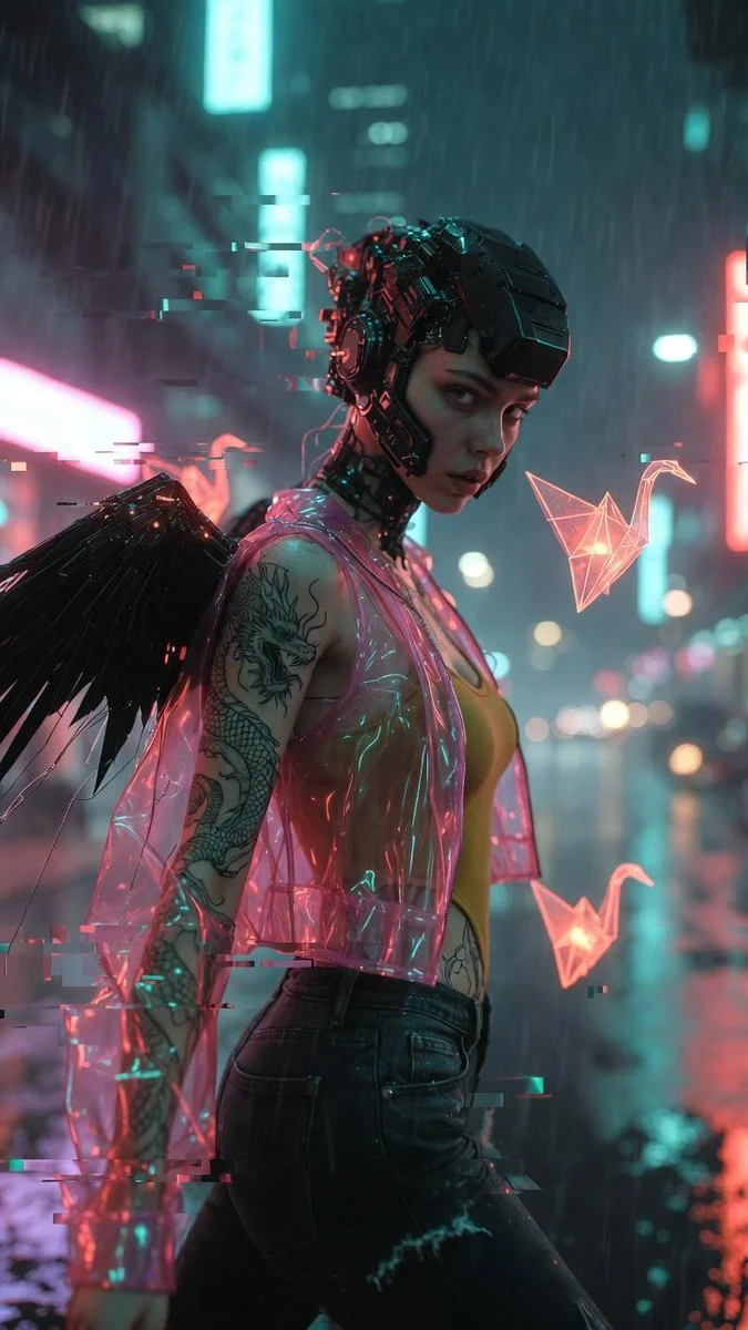 Futuristic Vigilance Amid Neon Lights and Digital Fractures